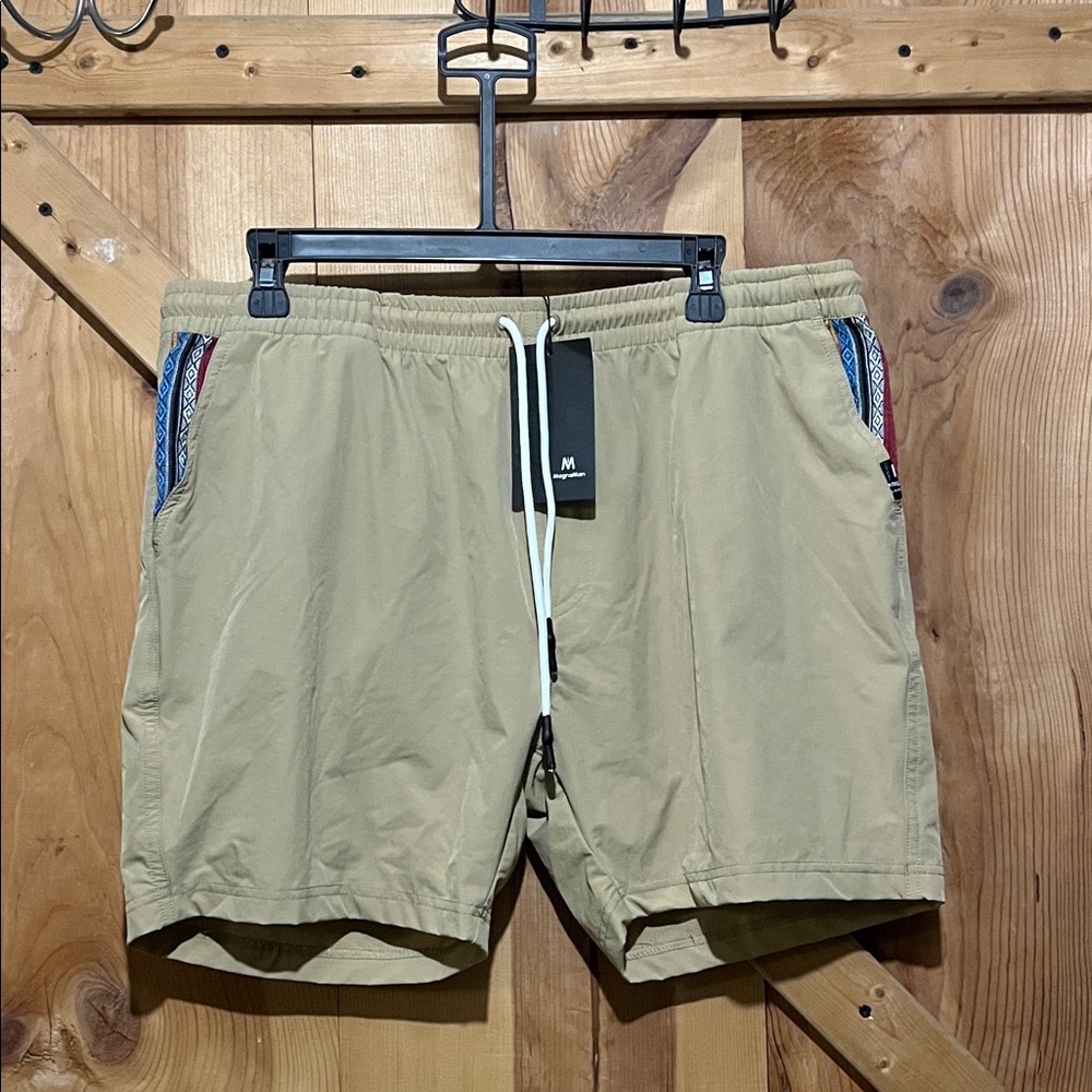 Men's Khaki Drawstring Shorts with Patterned Pocket Trim